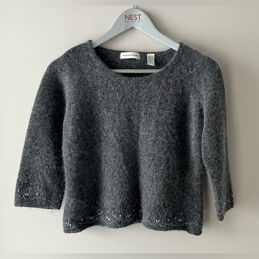 Amanda Smith Angora/Wool Charcoal Shrunken Style Sweater with Beaded Design XL